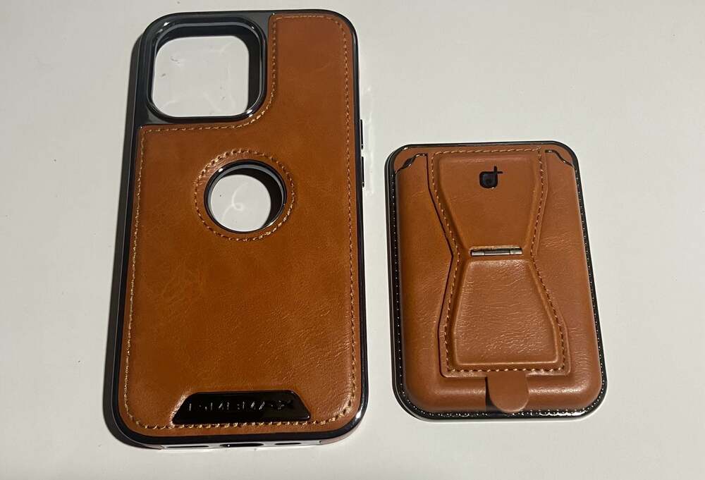 Luxury Brown PU Leather iPhone 13 Pro Case with MagSafe Stand and Logo Cutout